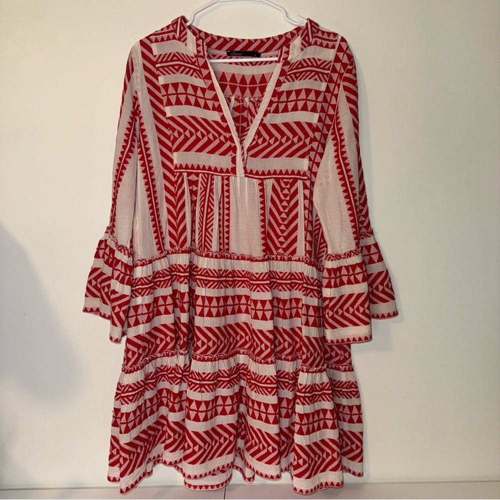 Devotion TWINS Geometric Red and Cream Midi Dress